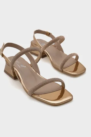 Capone Outfitters Coral Blunt Toe Stone Double Thick Banded Short Heeled Mirror Fabric Women