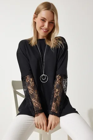Happiness istanbul Lockere, Lange Stricktunika Mit Spitzenärmeln , für Damen - 36