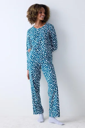 Penti Baumwoll-pyjama-set Mit Blauem Leopardenmuster Und Petrolgrün für Damen - S