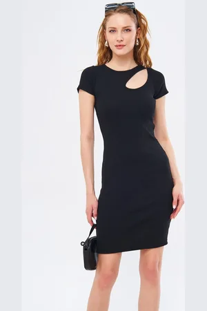 armonika Schwarzes Kleid Mit Kragen Und Fenster, Kurzärmelig, für Damen - M