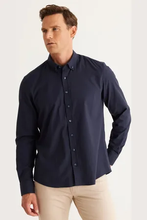 Altınyıldız Classics Marineblaues Slim-fit-hemd Aus Baumwollgabardine Mit Schmalem Schnitt Und Knopfkragen für Herren - S