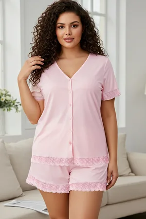 Trendyol V-ausschnitt Dusty Rose Spitzen-pyjama-set Aus Viskose – für Damen - 5XL