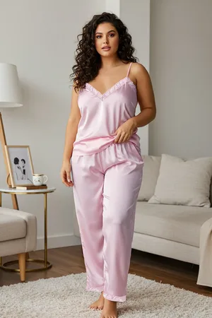 Trendyol Rosafarbenes Pyjama-set Aus Satin Mit Rüschen Und Seilträgern für Damen - 48
