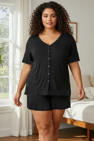 Trendyol Schwarzes Spitzen-pyjama-set Aus Viskose Mit V-ausschnitt für Damen - 5XL