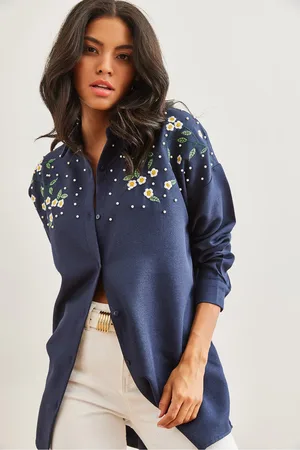 Olalook Marineblaues, Besticktes, Übergroßes Winterhemd Mit Wolleffekt Gml- 19001159 für Damen - S