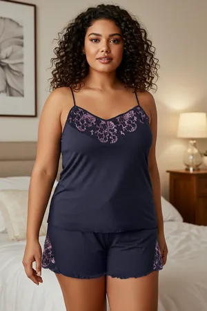 Trendyol Marineblaues Pyjama-set Aus Viskose Mit Spitzenunterstützung – für Damen - XL