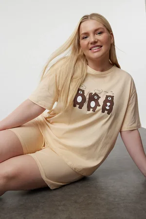 Trendyol Hellgelbes Pyjama-set Aus Strick Mit Teddybär-aufdruck - für Damen - 2XL