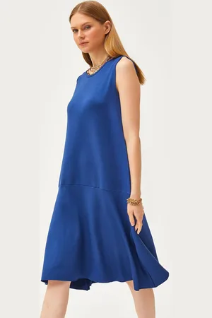 Olalook Marineblaues Strickkleid Mit Geteiltem Rock Und Kristallen für Damen - L