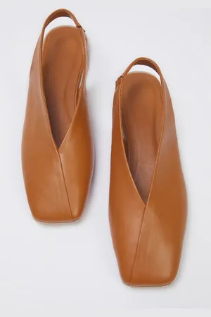 Trendyol Hellbraune Ballerinas Aus Echtem Leder Mit Offenem Rücken Und Quadratischer Zehenpartie für Damen - 36
