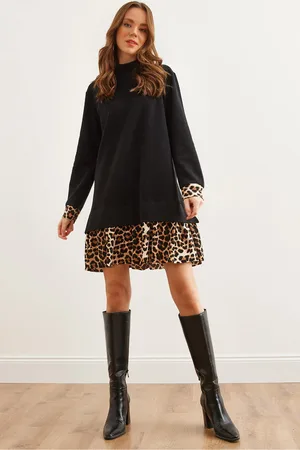 Olalook Schwarzes Thessaloniki-kleid Mit Leopardenverzierung Elb- 19000965 für Damen - M