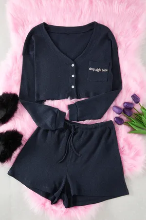 Trendyol Indigo-slogan-stickerei, Geripptes Strick-pyjama-set für Damen - S