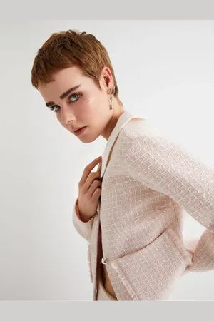 Koton Tweed-jacke, Perlenknopf, Detaillierter Babykragen, Lange Ärmeltasche für Damen - 34