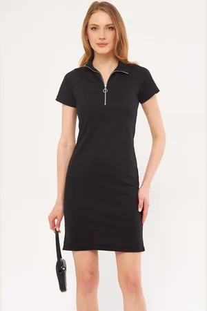 armonika Schwarzes, Figurbetontes Kleid Mit Kragen, Reißverschluss Und Über Dem Knie, Kurzärmlig, , für Damen - M