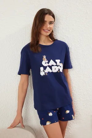 Trendyol Marineblaues Animal Single Jersey-strick-pyjama-set für Damen - M