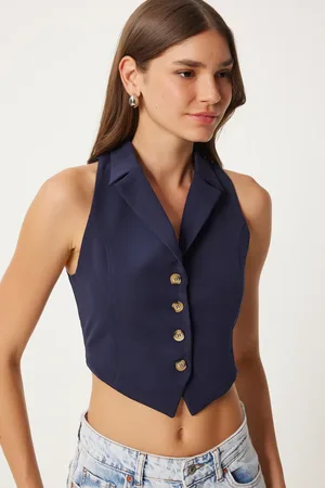 Happiness istanbul Marineblaue Weste – Mit Krawattendetails, Tailliert für Damen - 36