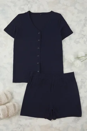Trendyol Marineblaues Gestricktes Pyjama-set Mit V-ausschnitt Und Knöpfen für Damen - 2XL