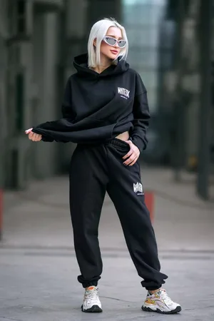 MADMEXT Schwarzes Trainingsanzug-set Mit Kapuze für Damen - S