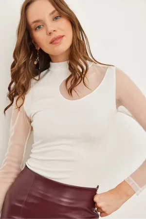 Olalook Weiße Roba Drop Sleeve Tüll Crop Strickbluse Blz- 19002762 für Damen - M