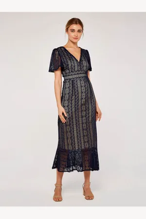 Apricot Midikleid Mit V-ausschnitt Aus Spitze für Damen - S