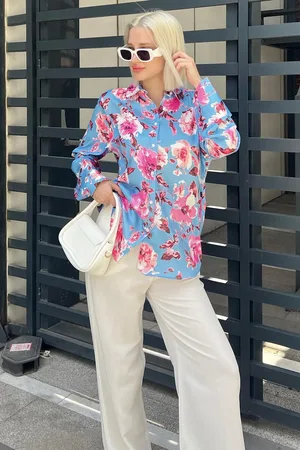 MADMEXT Babyblaues Satinhemd Mit Blumenmuster für Damen - M