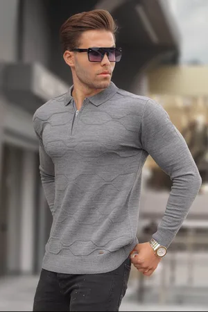 MADMEXT Anthrazit Gemusterter Rollkragenpullover Mit Reißverschluss , Strickpullover 5783 für Herren - XL