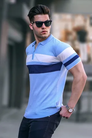 MADMEXT Babyblaues T-shirt Mit Polokragen Und Reißverschluss für Herren - XL
