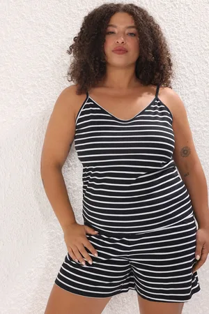 Trendyol Schwarzes Gestreiftes Strick-pyjama-set – Dünne Träger, für Damen - 5XL