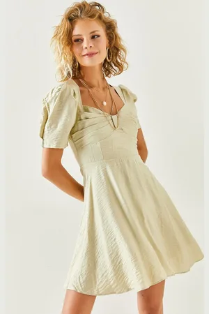 Olalook Aquagrünes, Detailliertes, Ausgestelltes Webkleid für Damen - L