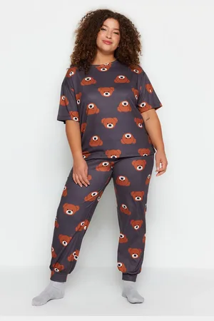 Trendyol Graues, Gestricktes Pyjama-set Mit Teddybär-muster für Damen - 7XL