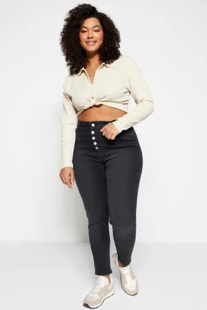 Trendyol Graue Hochgeschlossene, Dehnbare Röhrenjeans Mit Knöpfen für Damen - 44