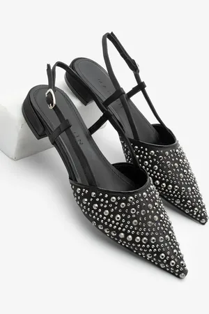 Marjin Ballerinas Mit Spitzer Zehenpartie Und Offenem Rücken, Gestrickt, Stein, Lerum, Schwarzer Satin für Damen - 38