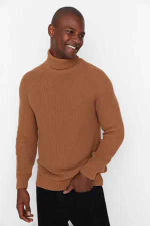 Trendyol Kamelfarbener Slim-fit-basic-strickpullover – Rollkragenpullover, Raglanärmel für Herren - L