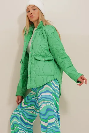 Trend Alacati stili Grüner Steppmantel Mit Babykragen, Gefütterter Tasche, für Damen - M