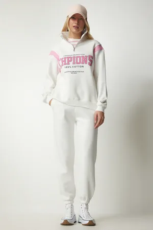 Happiness istanbul Ecrufarbenes, Geripptes Trainingsanzug-set Mit Reißverschlusskragen Und Aufdruck für Damen - 36