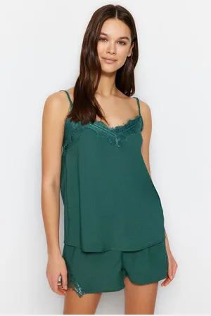 Trendyol Grünes Pyjama-set Aus Viskosegewebe Mit Gerüschten Seilträgern für Damen - 38
