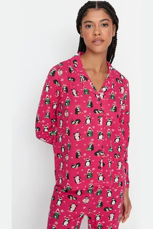 Trendyol Rosafarbenes Pyjama-set Aus Strick, 100 % Baumwolle, Mit Pinguin-muster, Wintermotiv, für Damen - XS