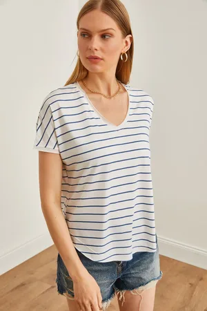 Olalook Indigoblaues T-shirt Mit V-ausschnitt, Streifen Und Schmutzigen Nähten, Lässiges für Damen - S