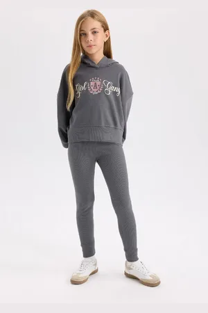 DeFacto 2-teiliges Set Für Mädchen, Bedrucktes Kapuzen-sweatshirt, Elastische Taille, Gerippte Camisole-strumpfhose D0730a824au für Damen - 8–9 Jahre