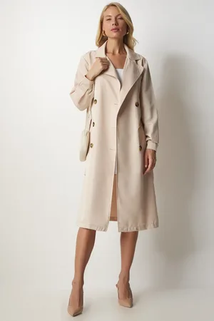 Happiness istanbul Cremefarbener Saisonaler Trenchcoat Mit Zweireihigem Kragen für Damen - 44