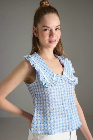 Trendyol Blaues Kariertes Hemd Mit Babykragen für Damen - 36
