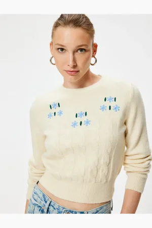 Koton Weicher, Strukturierter, Floraler Strickpullover Mit Langen Ärmeln für Damen - XL