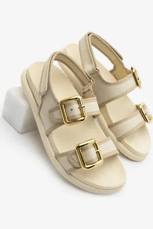Marjin Sandalen Aus Echtem Leder Mit Klettverschluss Hinten Und Goldener Schnalle, Doppelte Riemen, Lässige Sandalen, Resun für Damen - 38