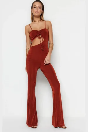 Trendyol Zimtfarbener, Gestrickter Jumpsuit Mit Glitzer Und Fensterausschnitt für Damen - 36
