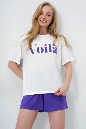 Trend Alacati stili Set Aus Basic-t-shirt Und Shorts Aus Gekämmter Baumwolle Mit Textaufdruck Auf Der Vorderseite In für Damen - 40