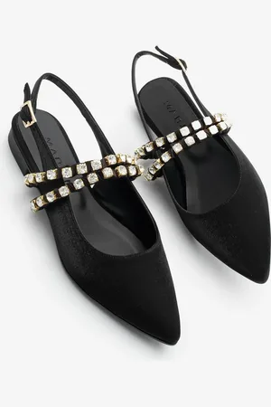 Marjin Ballerinas Mit Spitzer Zehenpartie, Steinband, Offener Rücken, Schal, Tezur, Schwarzer Satin für Damen - 37