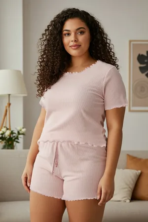 Trendyol Powder Baby Overlock Detailliertes, Geripptes, Gestricktes Pyjama-set für Damen - 6XL