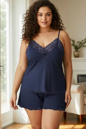Trendyol Marineblaues, Gerüschtes Strickpyjama-set Mit V-ausschnitt für Damen - 3XL