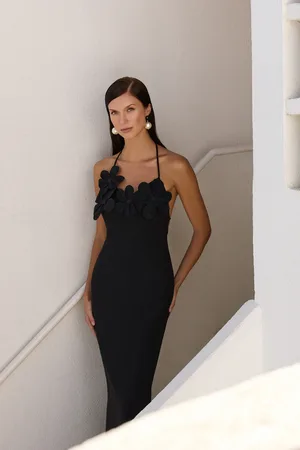Trendyol Schwarzes, Detailliertes, Gewebtes, Langes, Elegantes Abendkleid Mit Rosenmuster, Nachtabendkleid für Damen - 40