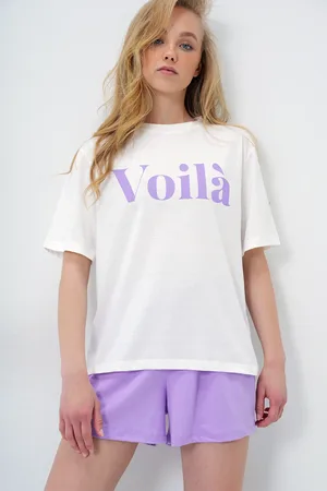 Trend Alacati stili Set Aus Basic-t-shirt Und Shorts Aus Gekämmter Baumwolle Mit Textaufdruck Auf Der Vorderseite In Flieder für Damen - 38