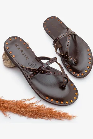 Marjin Lässige Hausschuhe – Echtes Leder, Stapled Flip Flops, Pemora Brown für Damen - 39